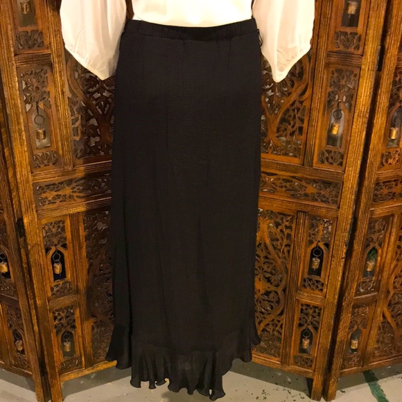 Black Skirt with High-Low Hemline and front slit with cascading ruffles. - Picture 6 of 14